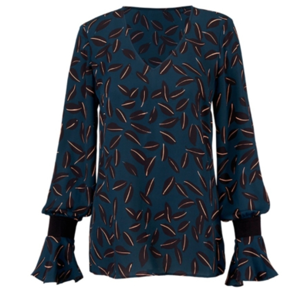 CABI The Shadow Leaf Blouse Teal Bell Sleeves